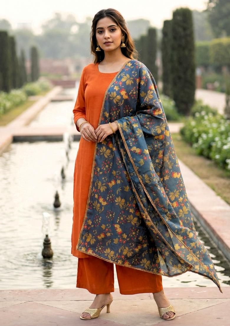 Bottle Green Printed Silk Dupatta - Indya