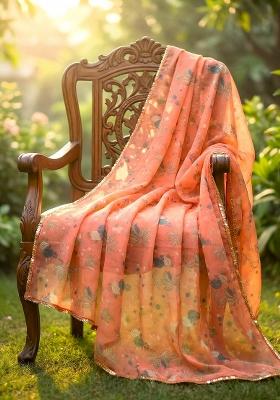 Orange Printed Silk Dupatta