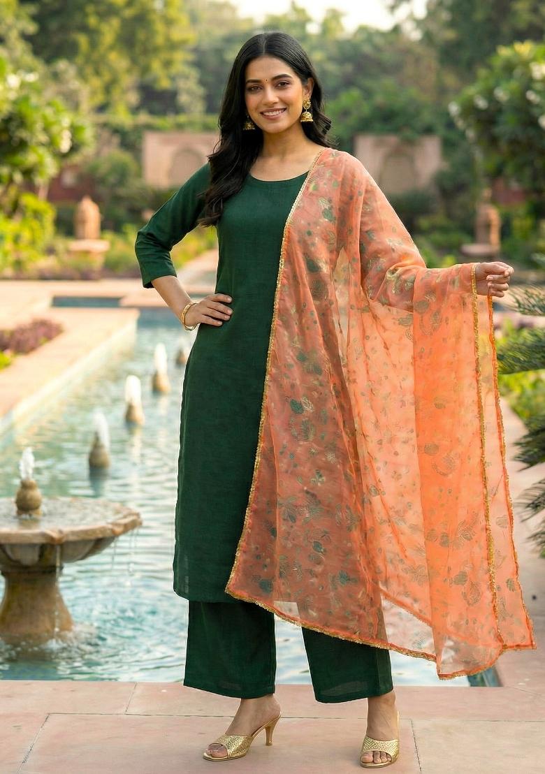 Orange Printed Silk Dupatta - Indya