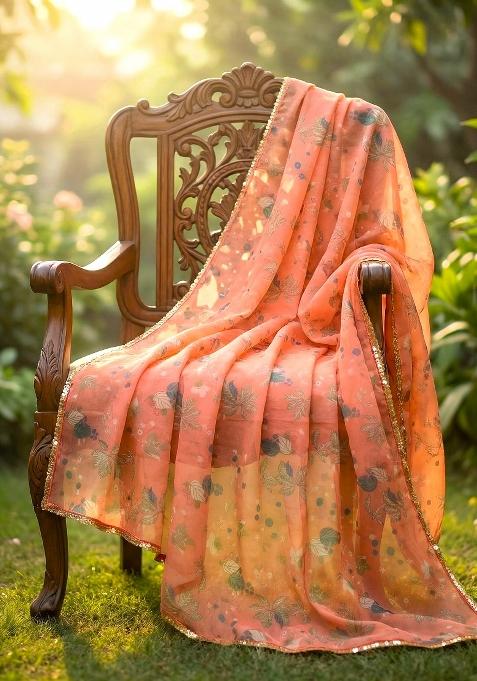 Orange Printed Silk Dupatta