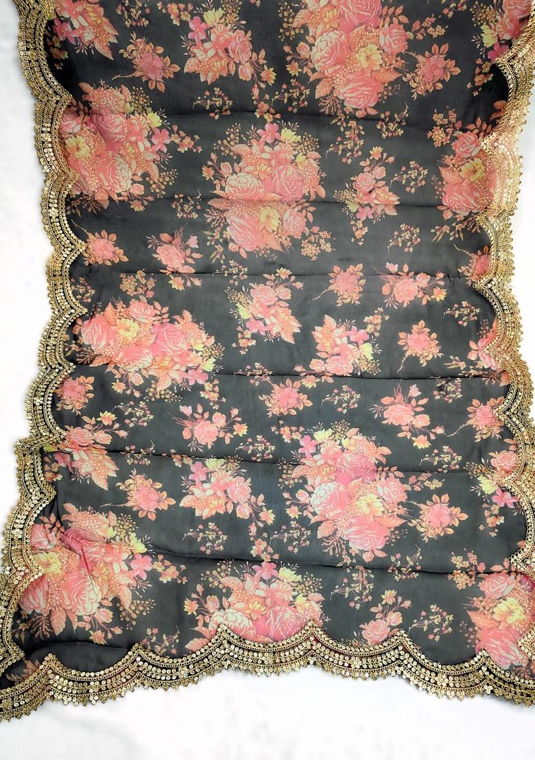 Black Printed Silk Dupatta - Indya