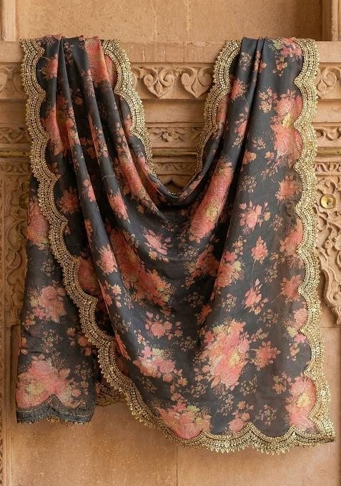 Black Printed Silk Dupatta