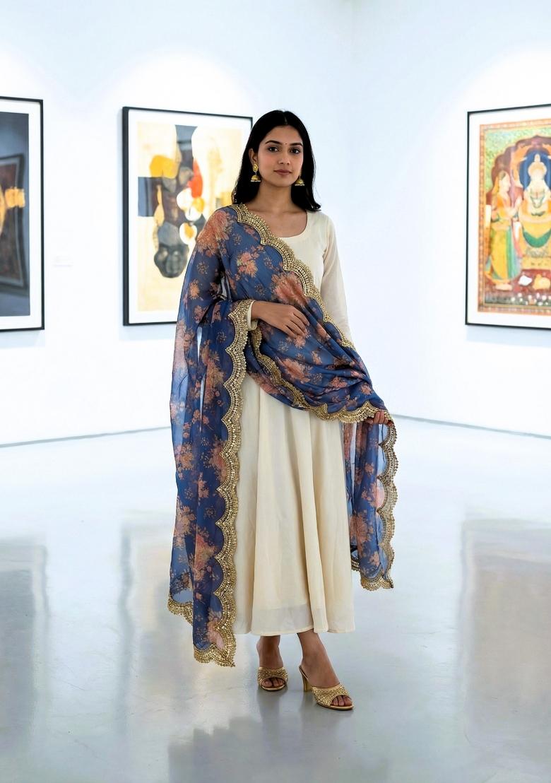 Blue Printed Silk Dupatta - Indya