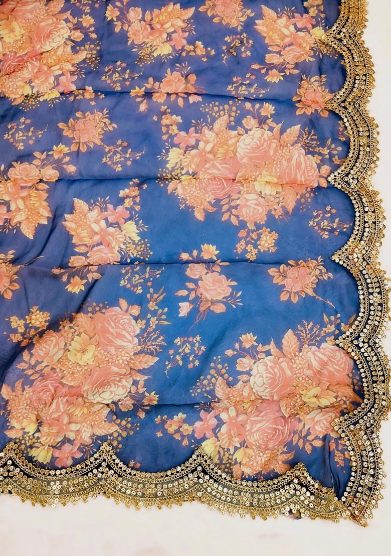 Blue Printed Silk Dupatta - Indya
