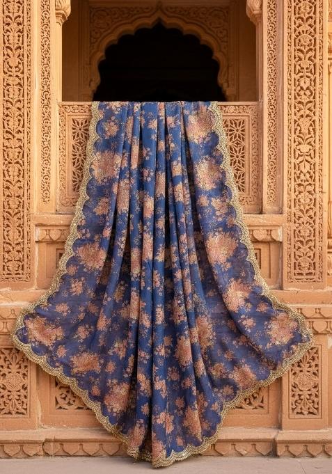 Blue Printed Silk Dupatta