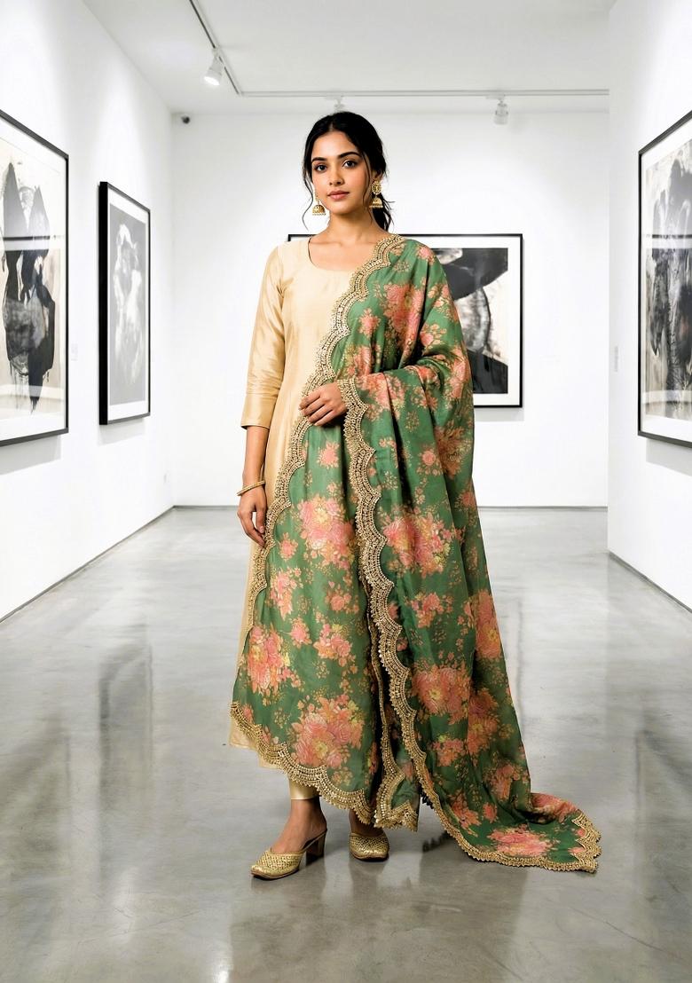 Green Printed Silk Dupatta - Indya