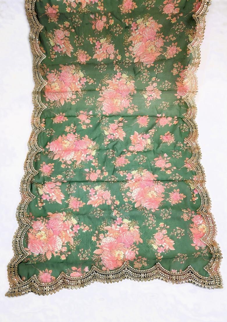 Green Printed Silk Dupatta - Indya