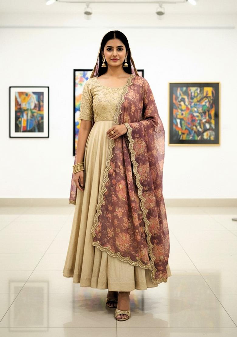 Wine Printed Silk Dupatta - Indya