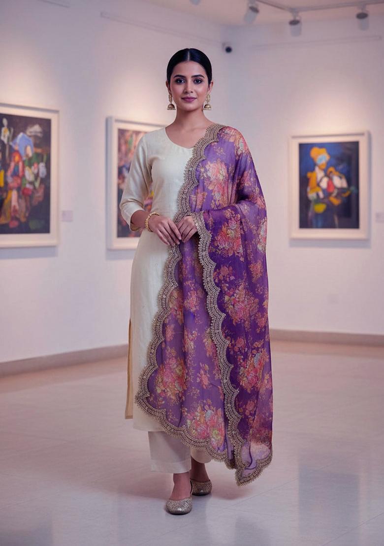 Purple Printed Silk Dupatta - Indya