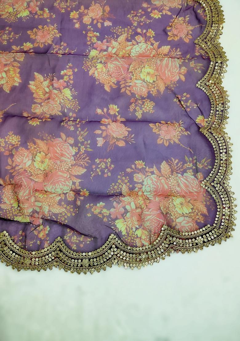Purple Printed Silk Dupatta - Indya