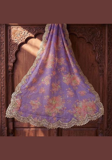 Purple Printed Silk Dupatta