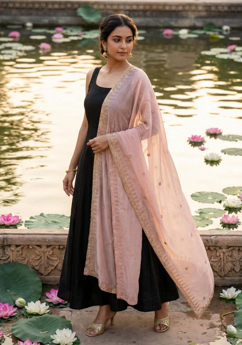 Baby Pink Printed Silk Dupatta - Indya