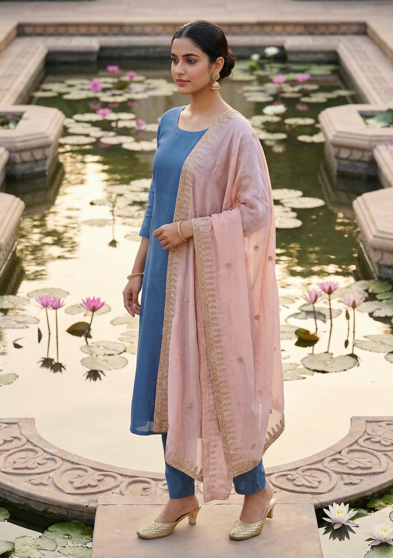 Baby Pink Printed Silk Dupatta - Indya