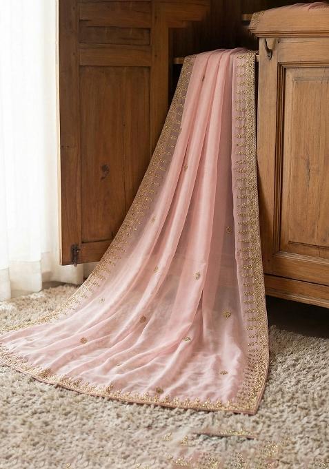 Baby Pink Printed Silk Dupatta