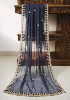 Navy Blue Printed Silk Dupatta