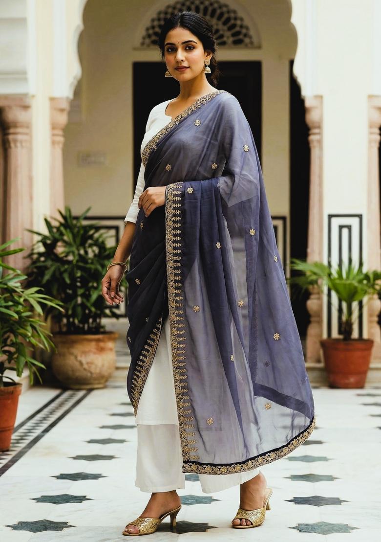 Navy Blue Printed Silk Dupatta - Indya