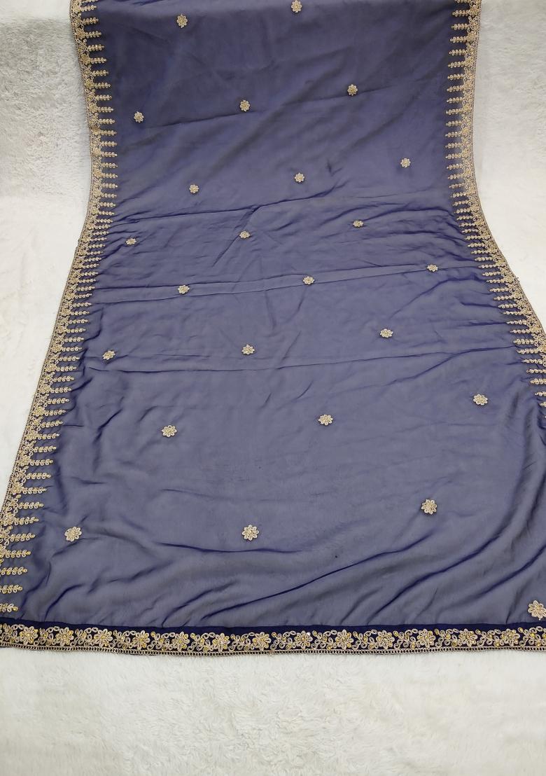 Navy Blue Printed Silk Dupatta - Indya