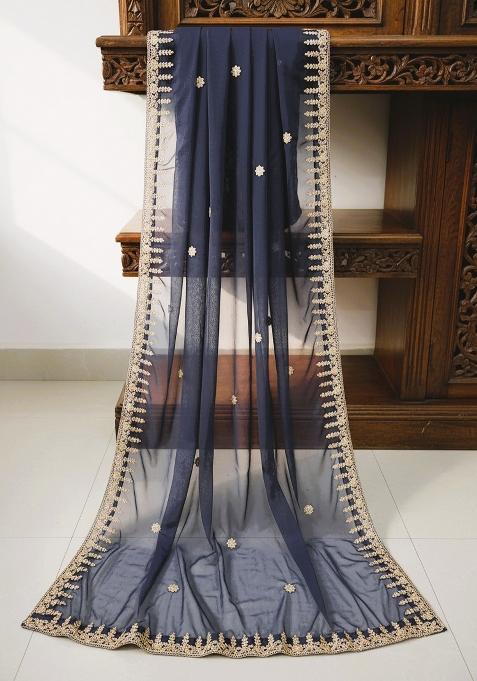 Navy Blue Printed Silk Dupatta