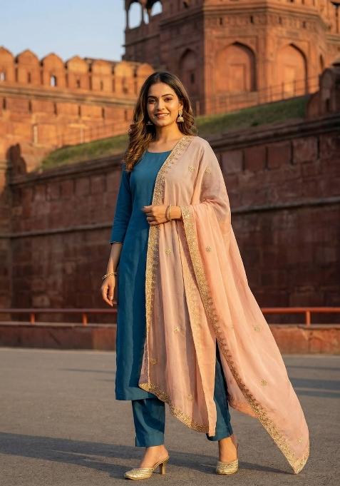 Peach Printed Silk Dupatta