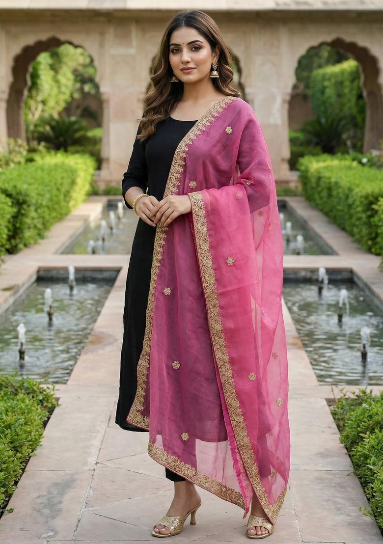 Rani Pink Printed Silk Dupatta - Indya