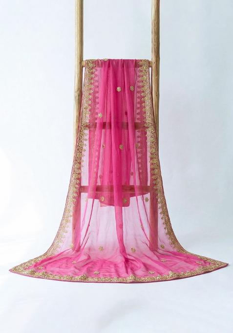 Rani Pink Printed Silk Dupatta