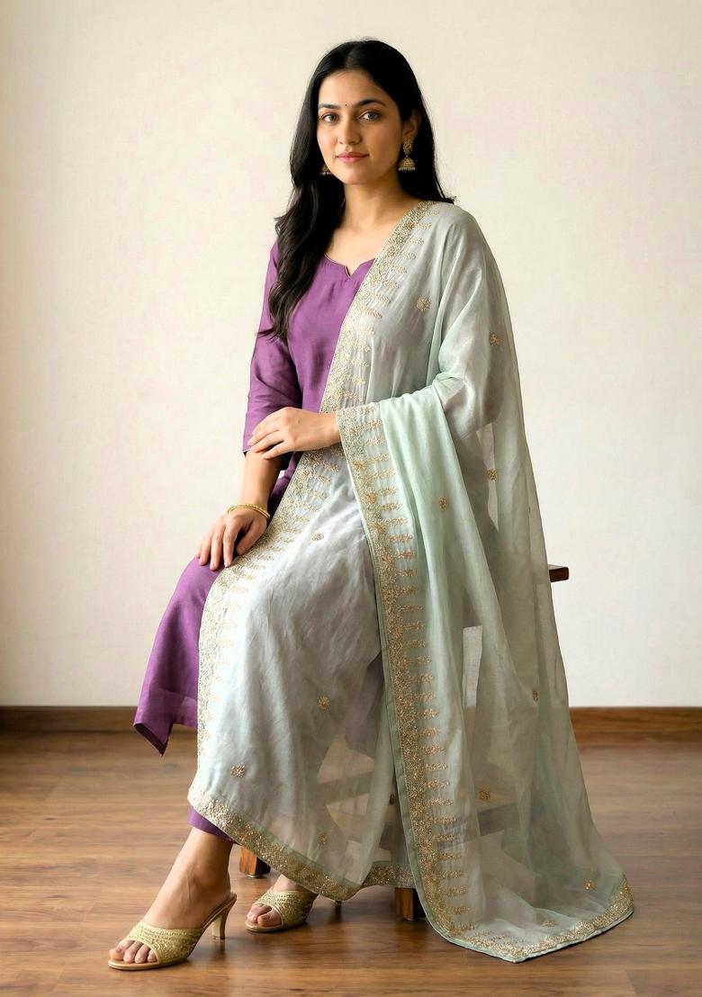Sky Blue Printed Silk Dupatta - Indya