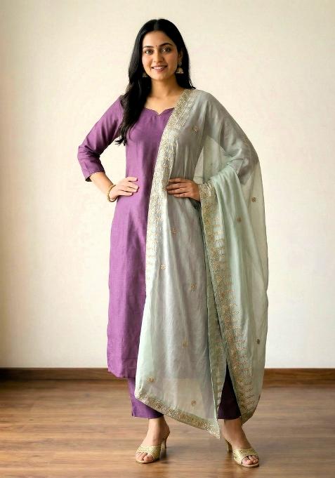 Sky Blue Printed Silk Dupatta