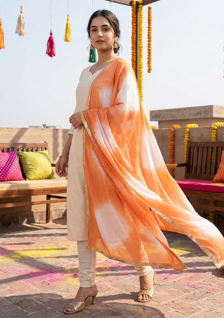 Orange Printed Silk Dupatta - Indya
