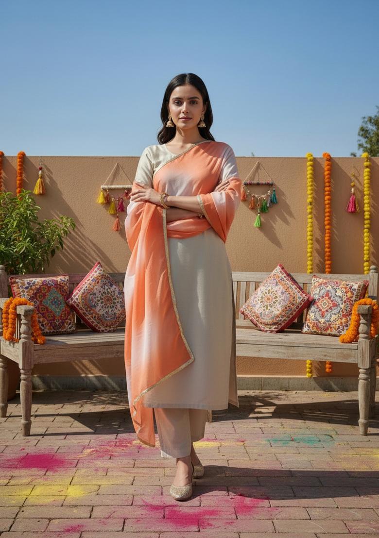 Orange Printed Silk Dupatta - Indya