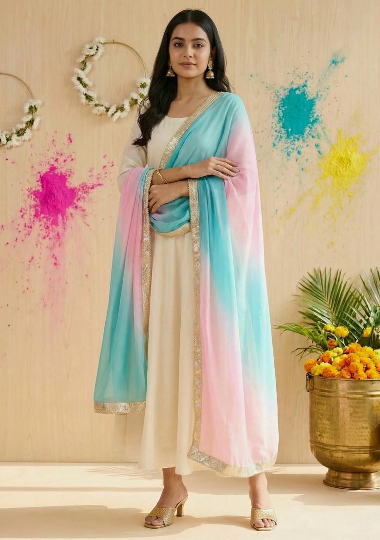 Sky Blue Printed Silk Dupatta - Indya