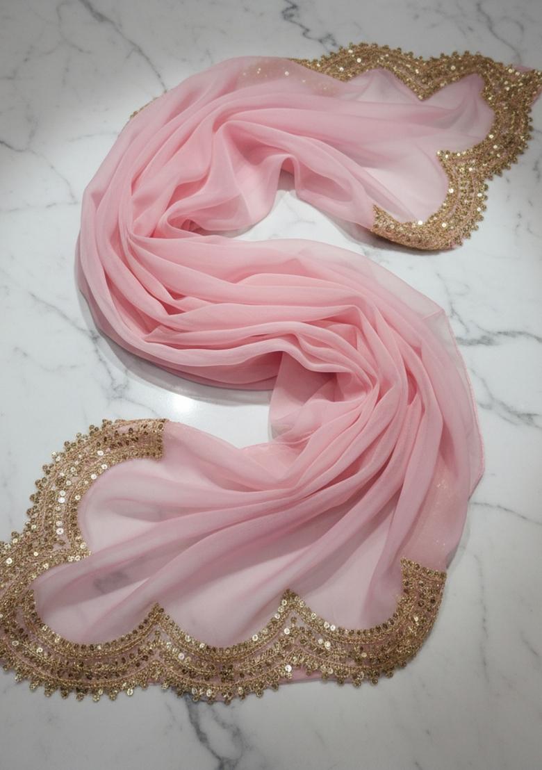 Baby Pink Printed Silk Dupatta - Indya