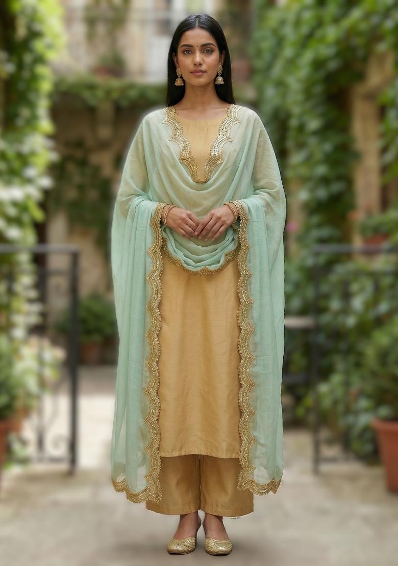 Firozi Printed Silk Dupatta - Indya