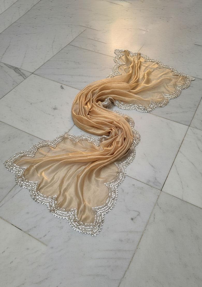Golden Printed Silk Dupatta - Indya