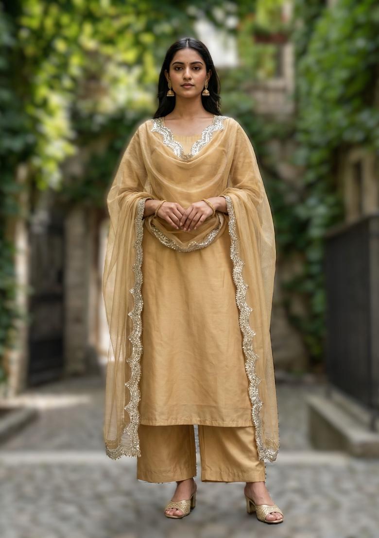 Golden Printed Silk Dupatta - Indya