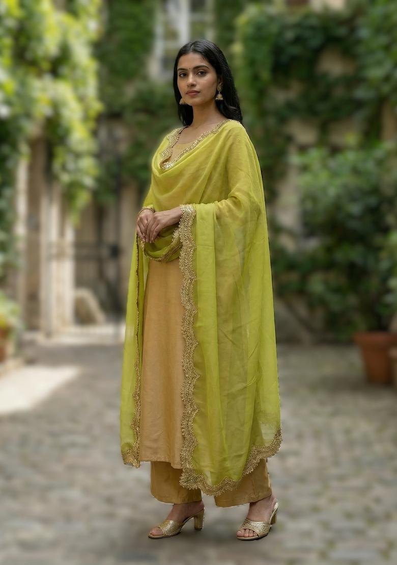 Lime Parrot Printed Silk Dupatta - Indya