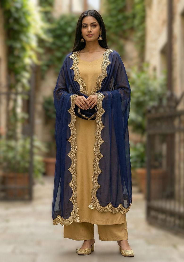 Navy Blue Printed Silk Dupatta - Indya