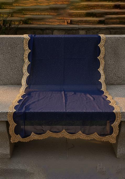 Navy Blue Printed Silk Dupatta
