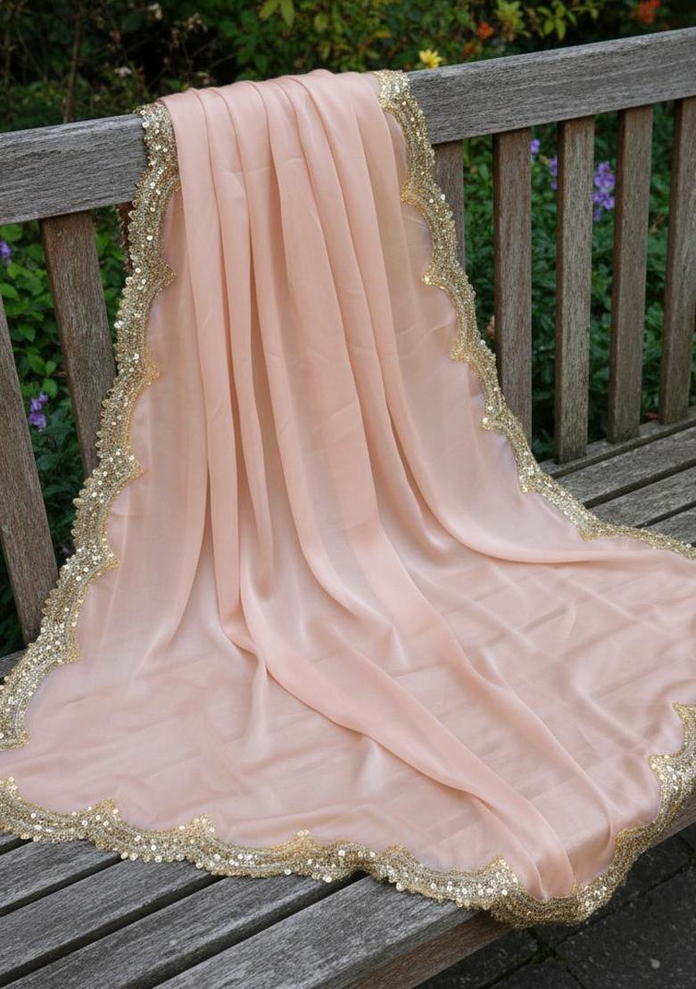 Peach Printed Silk Dupatta - Indya