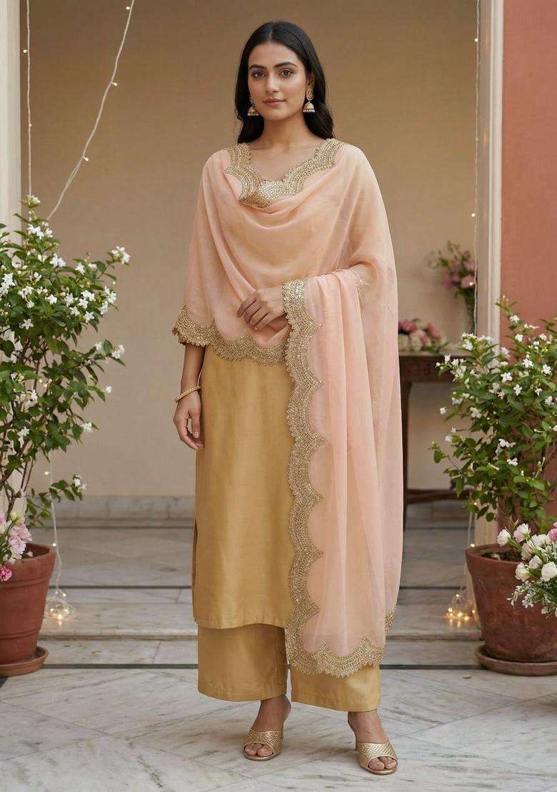 Peach Printed Silk Dupatta - Indya