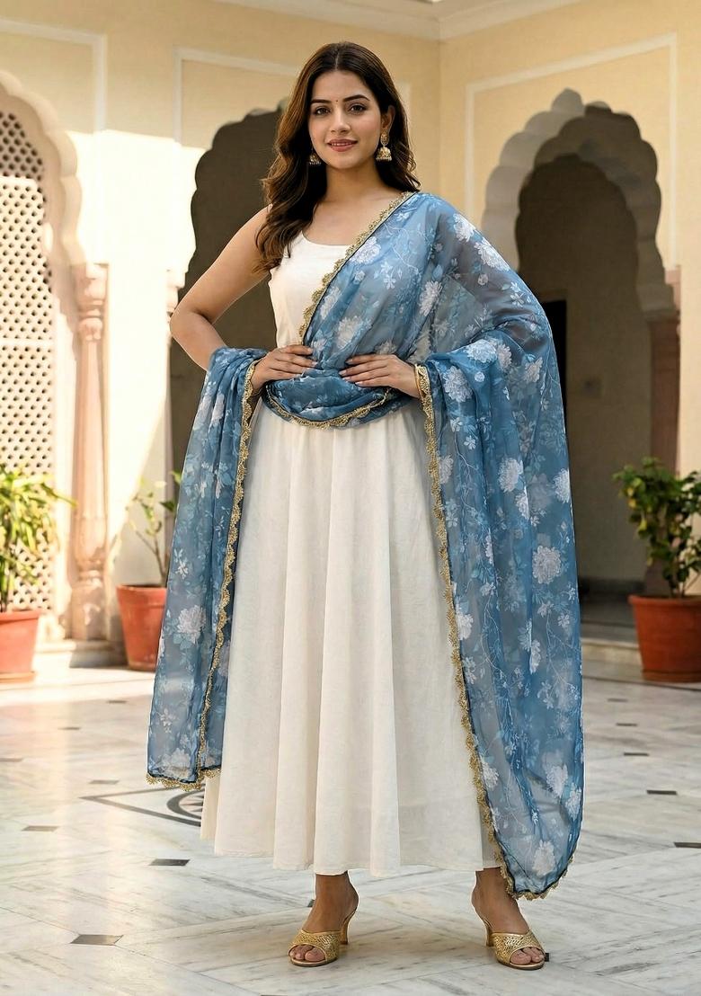 Blue Printed Silk Dupatta - Indya