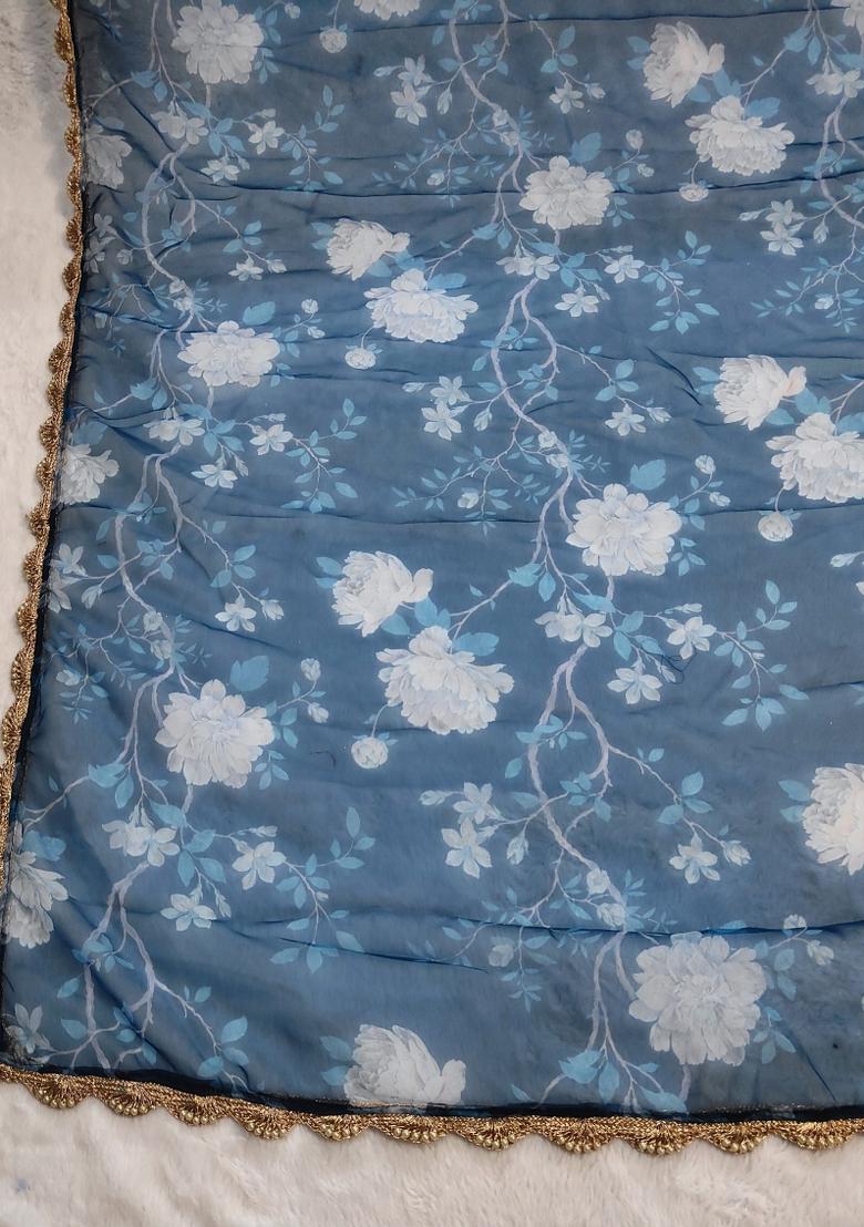 Blue Printed Silk Dupatta - Indya