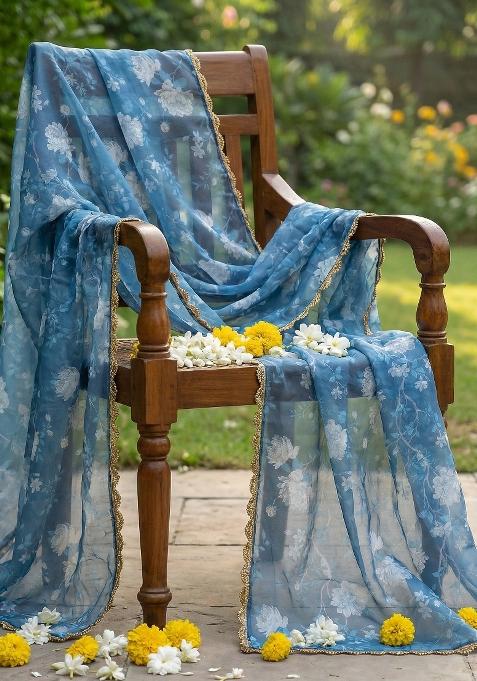 Blue Printed Silk Dupatta