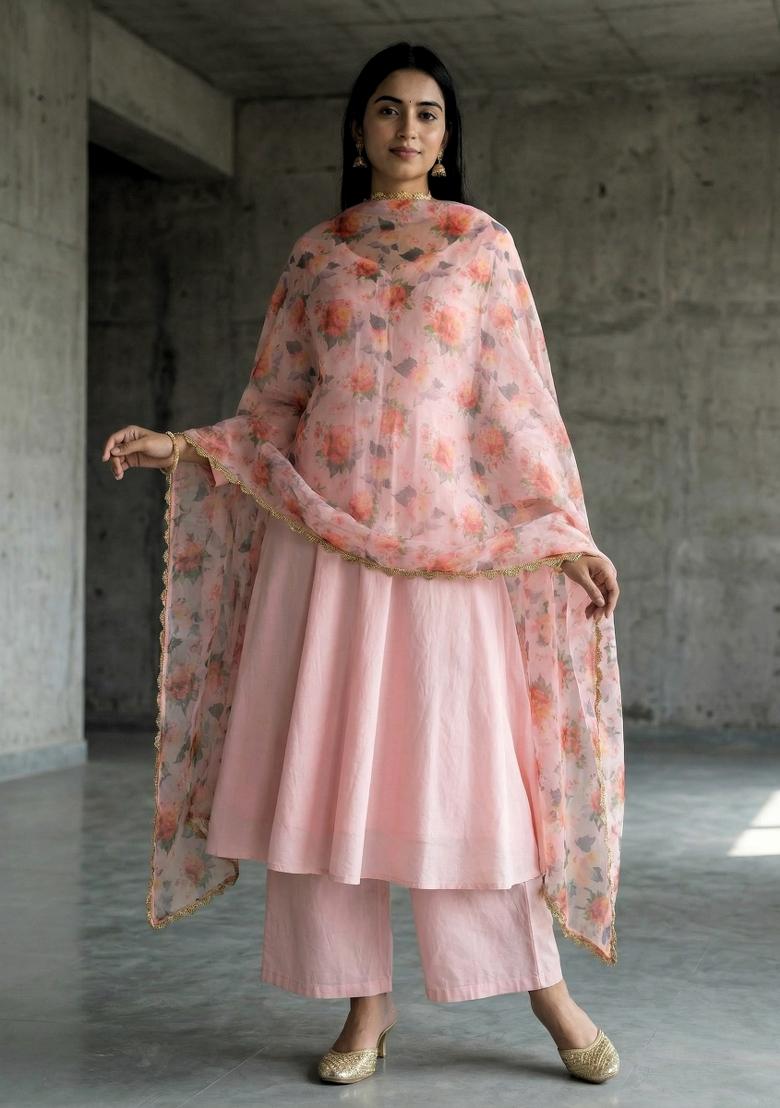 Pink Printed Silk Dupatta - Indya