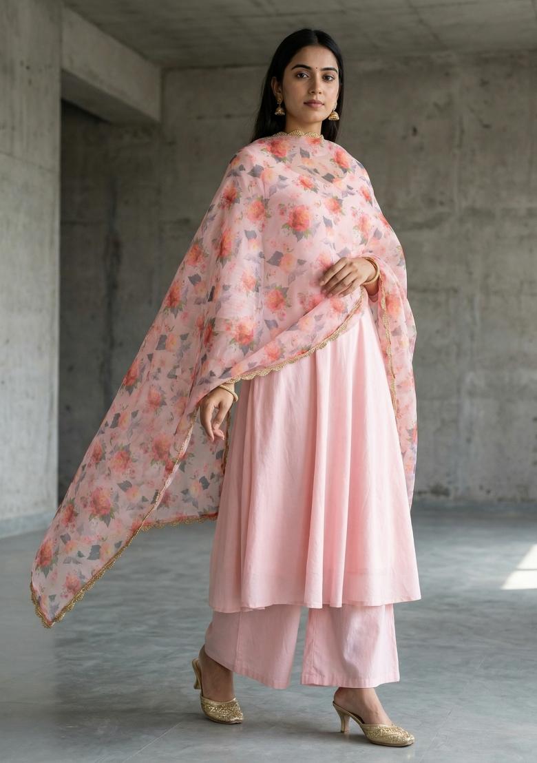 Pink Printed Silk Dupatta - Indya