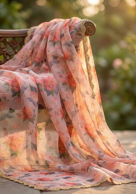 Pink Printed Silk Dupatta