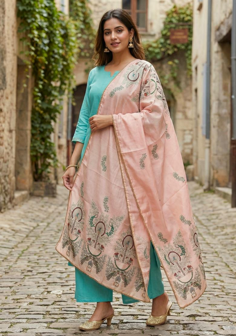Peach Printed Silk Dupatta - Indya