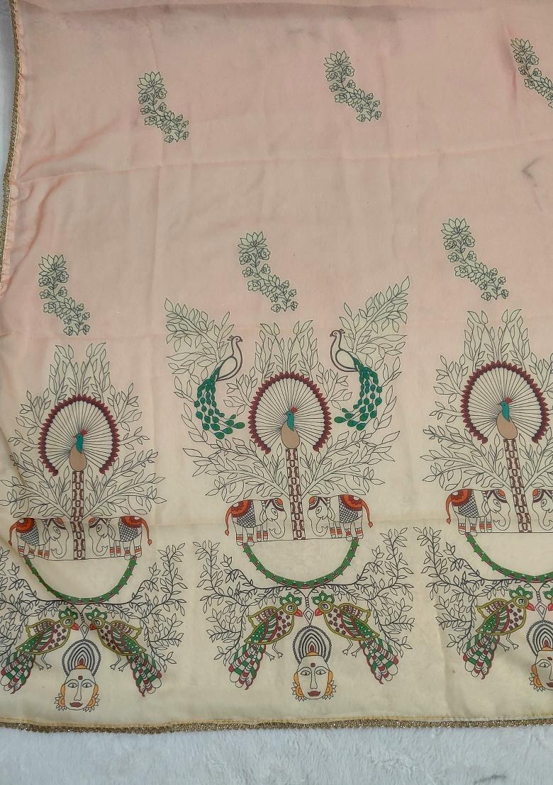 Peach Printed Silk Dupatta - Indya