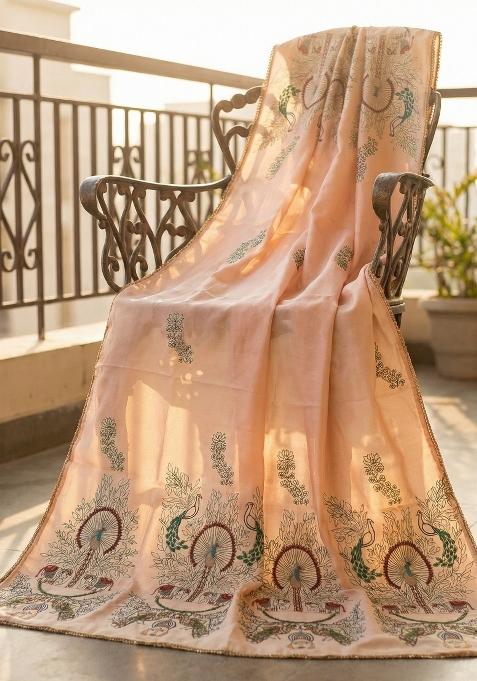 Peach Printed Silk Dupatta