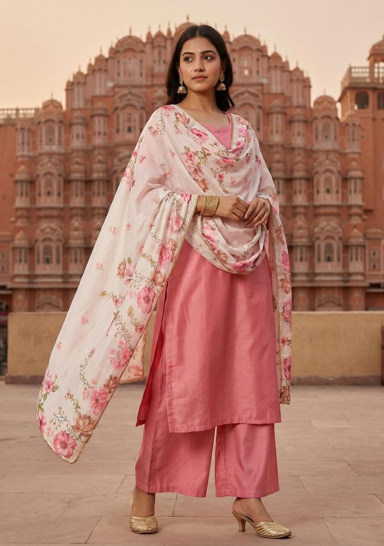 White Printed Silk Dupatta - Indya