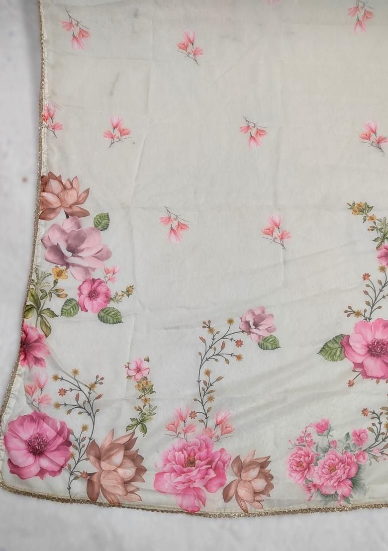 White Printed Silk Dupatta - Indya